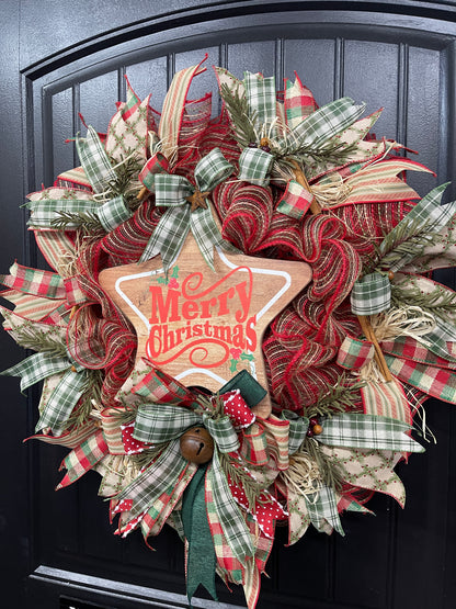 Rustic Country Merry Christmas Star Wreath, Primitive Holiday Front Door Decor, KatsCreationsNMore