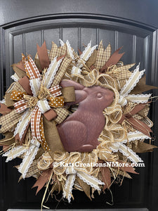 Country Rustic Chocolate Bunny Wreath, Farmhouse Easter Front Door Decor, KatsCreationsNMore