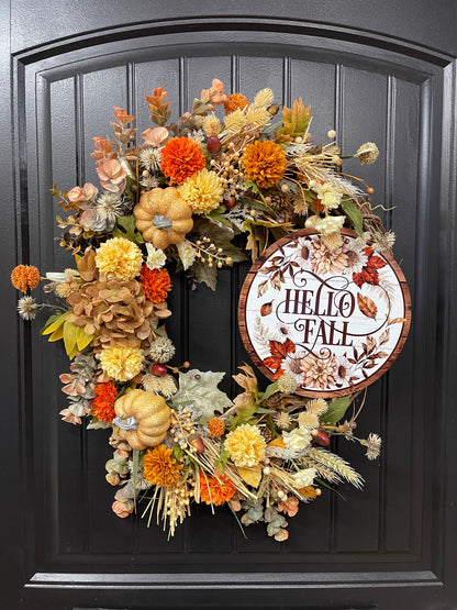 Fall Pumpkin & Floral Grapevine Wreath – Warm Autumn Harvest Door Decor, KatsCreationsNMore
