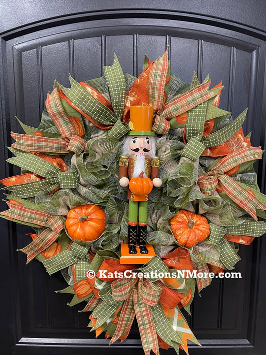 Pumpkin Nutcracker Fall Wreath – Rustic Autumn Front Door Wreath with Pumpkins and Plaid Ribbon