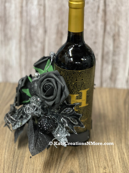 Halloween Floral Bottle Bouquet, Spooky Black Rose Centerpiece, Spider Candle Holder Arrangement, KatsCreationsNMore