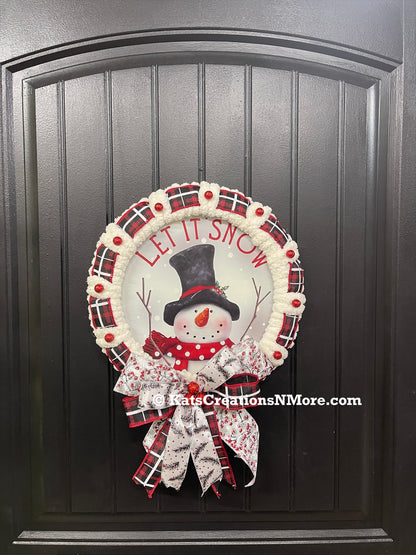Winter Snowman Let It Snow Wreath, Buffalo Plaid Christmas Storm Door Decor, KatsCreationsNMore