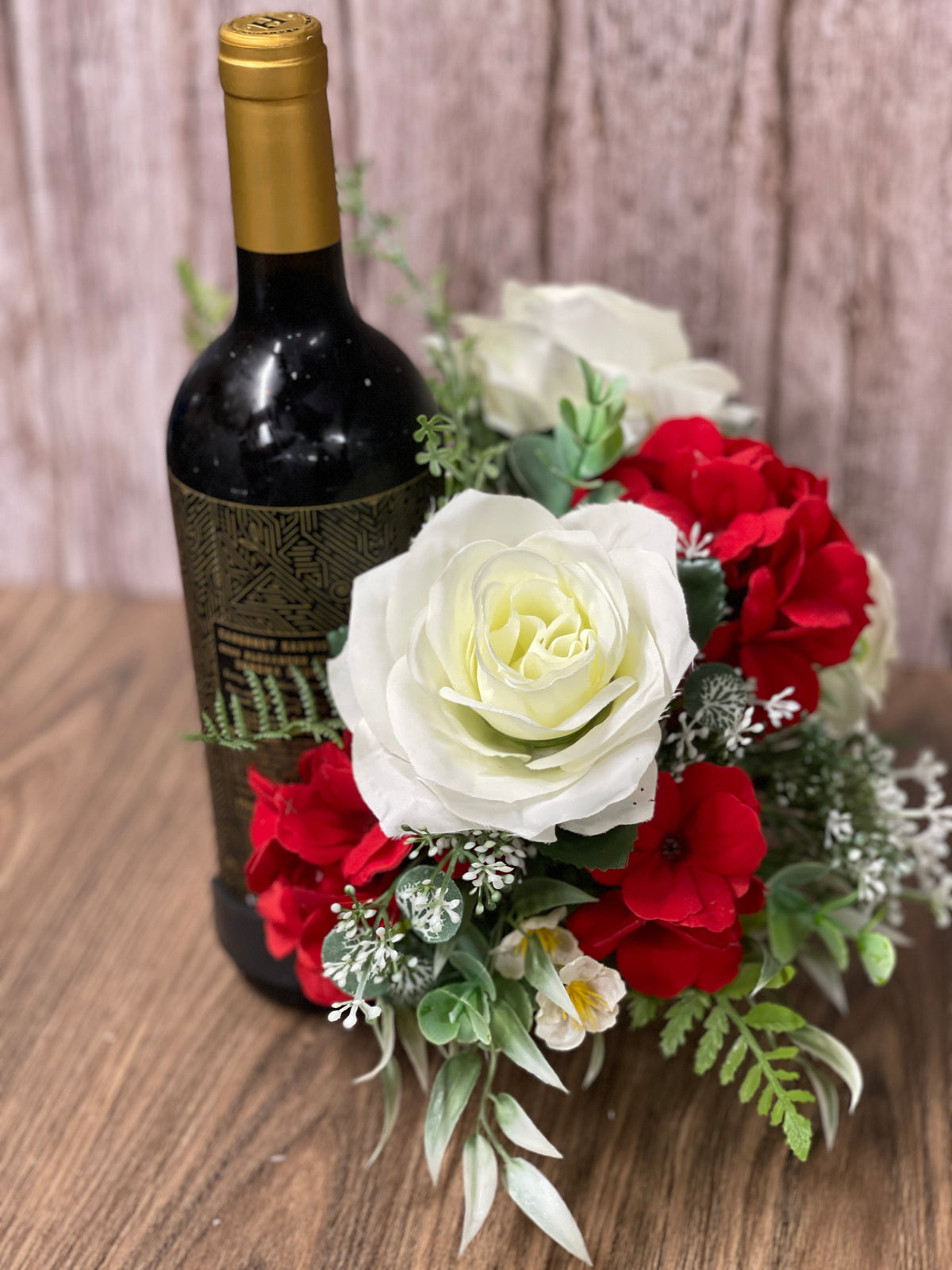 Rose and Geranium Bottle Bouquet, Hostess Gift, Floral Bottle Arrangement, Elegant Candle Holder, KatsCreationsNMore