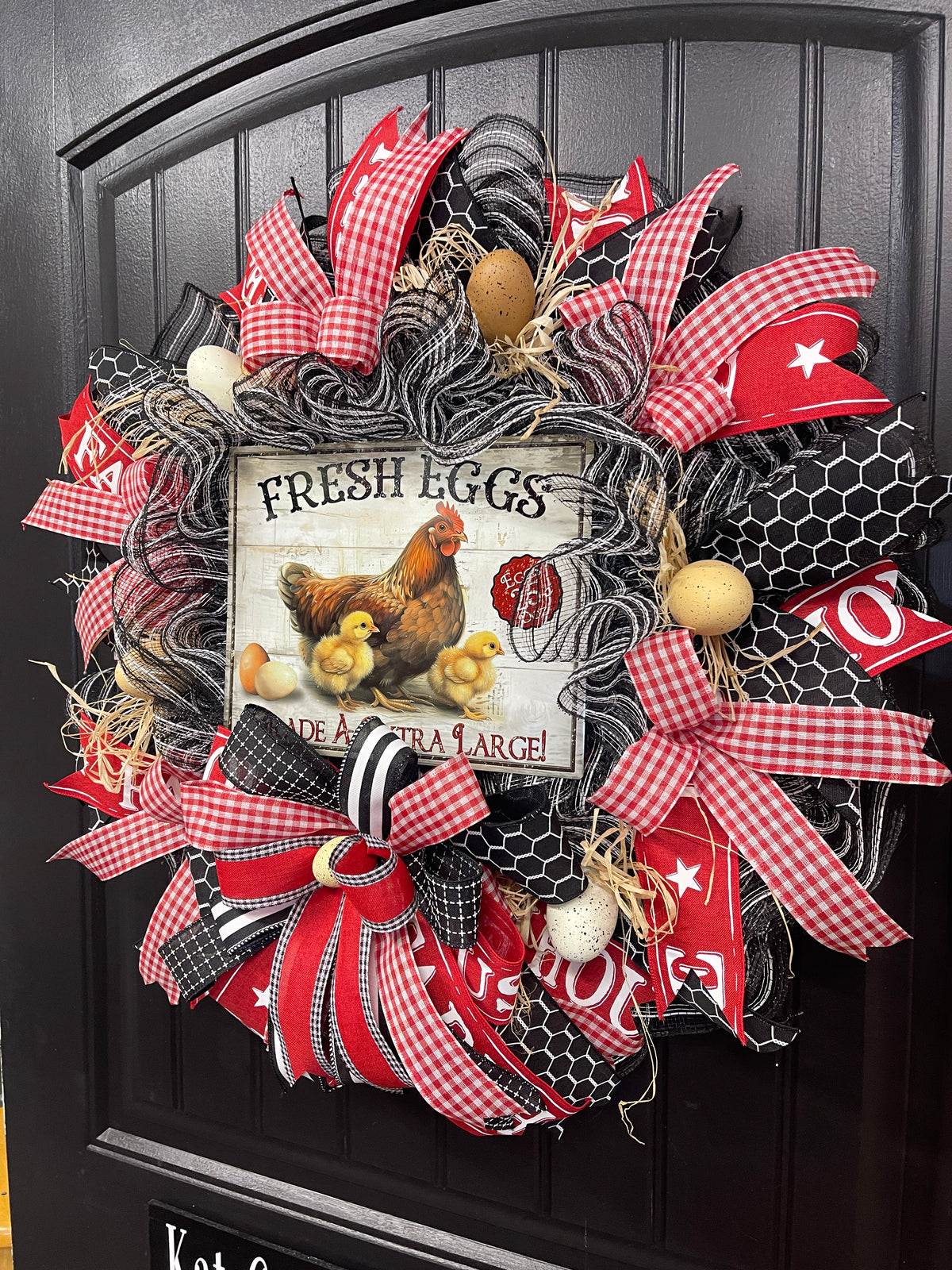 Farmhouse Chicken Wreath, Fresh Eggs Front Door Wreath, Rustic Chicken Wreath, Country Farmhouse Decor, Red Gingham Spring Summer Wreath, KatsCreationsNMore