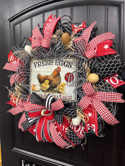 Farmhouse Chicken Wreath, Fresh Eggs Front Door Wreath, Rustic Chicken Wreath, Country Farmhouse Decor, Red Gingham Spring Summer Wreath, KatsCreationsNMore