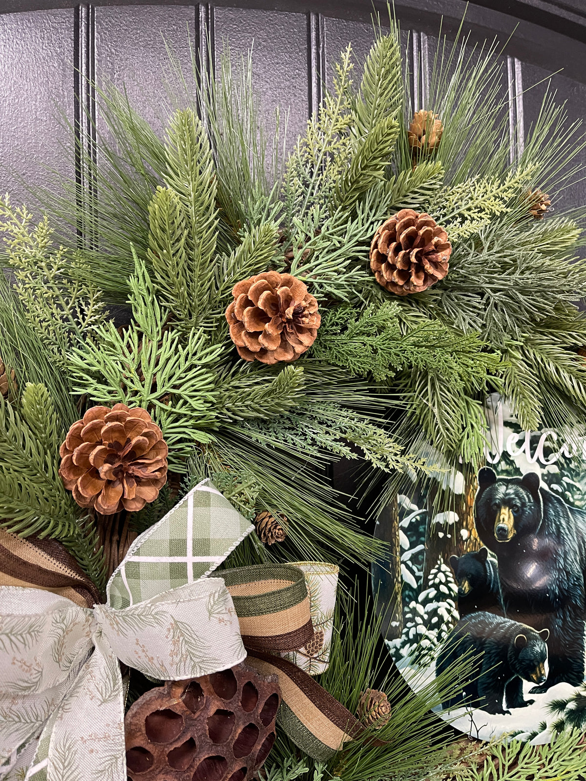 Black Bear Welcome Grapevine Wreath, Balsam and Pine Front Door Decor, KatsCreationsNMore