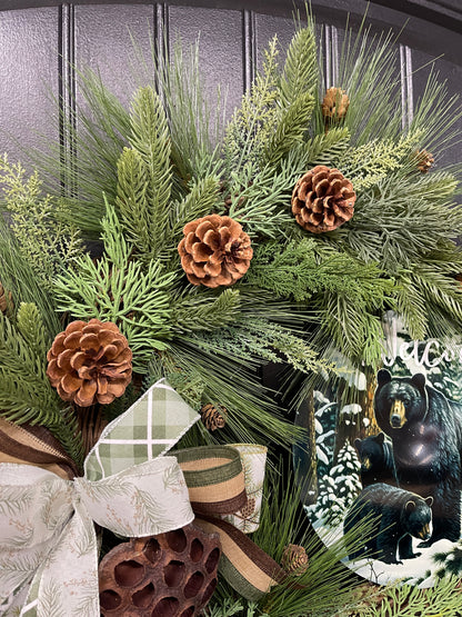Black Bear Welcome Grapevine Wreath, Balsam and Pine Front Door Decor, KatsCreationsNMore