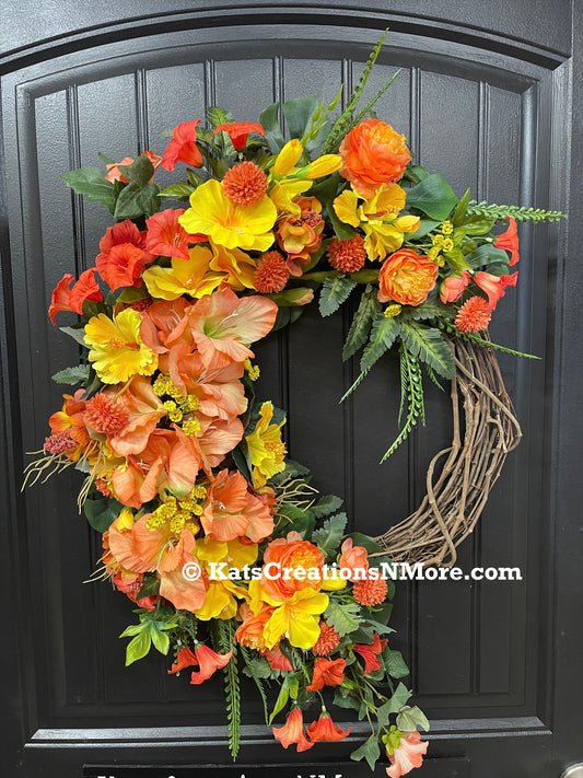 Tropical Summer Grapevine Wreath – Bright Hibiscus Front Door Wreath – Tropical Floral Door Hanger – Colorful Summer Porch Decor - KatsCreationsNMore