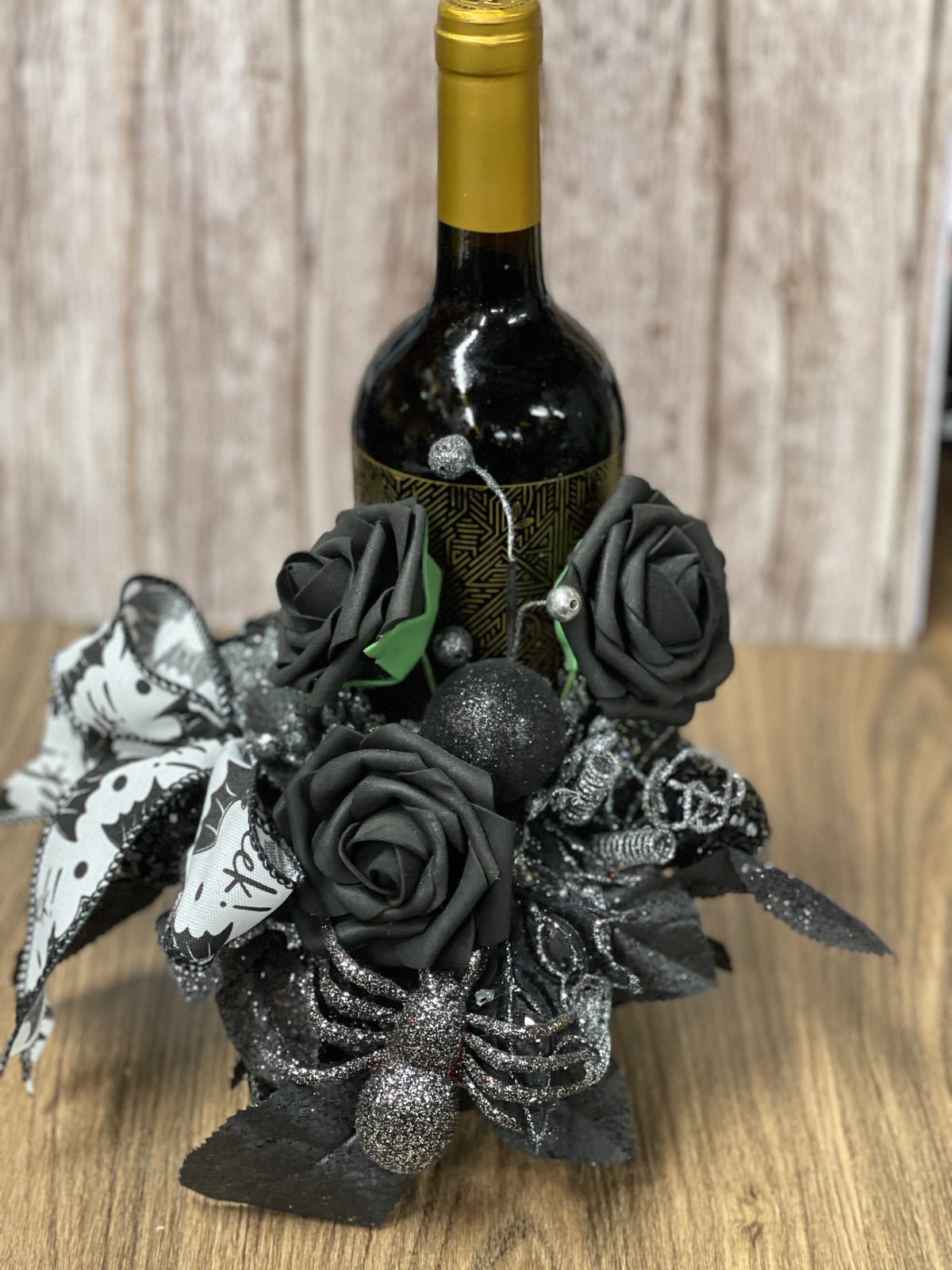 Halloween Floral Bottle Bouquet, Spooky Black Rose Centerpiece, Spider Candle Holder Arrangement, KatsCreationsNMore