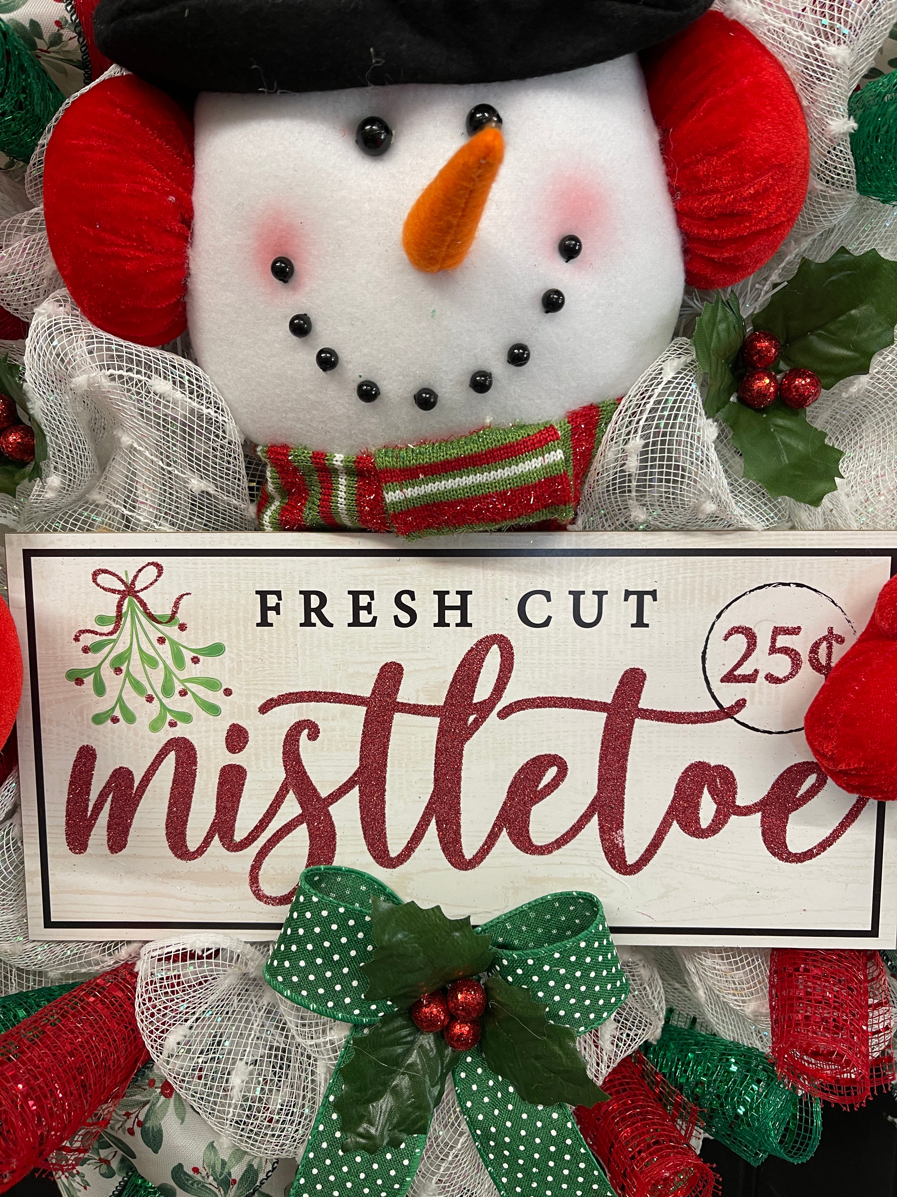 Snowman Mistletoe Christmas Wreath, Winter Seasonal Holiday Front Door Decor, KatsCreationsNMore