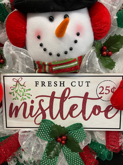 Snowman Mistletoe Christmas Wreath, Winter Seasonal Holiday Front Door Decor, KatsCreationsNMore