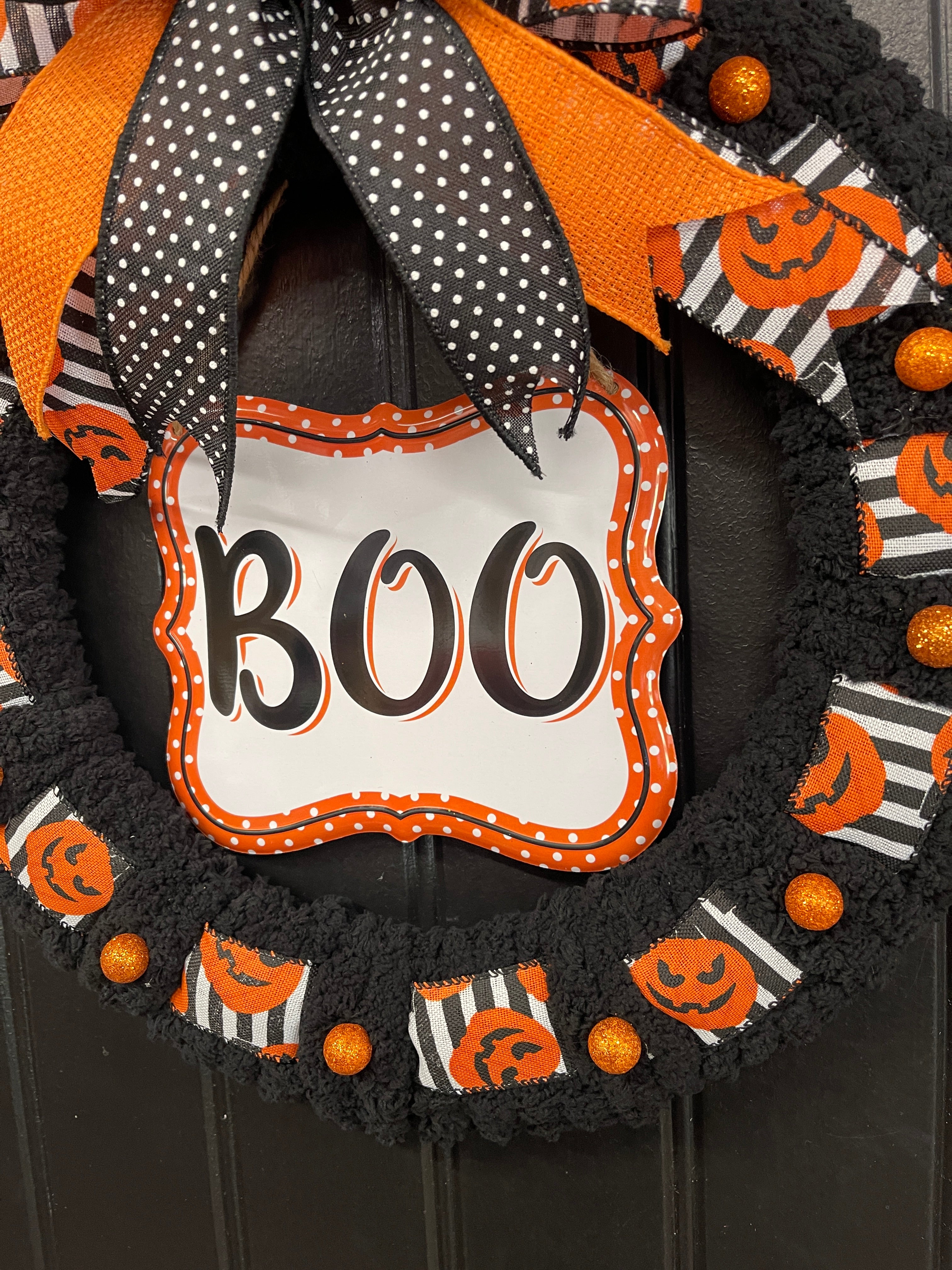 Halloween “BOO” Wreath for Front Door – 16-Inch Black & Orange Jack-O’-Lantern Wreath – Storm Door Friendly - KatsCreationsNMore