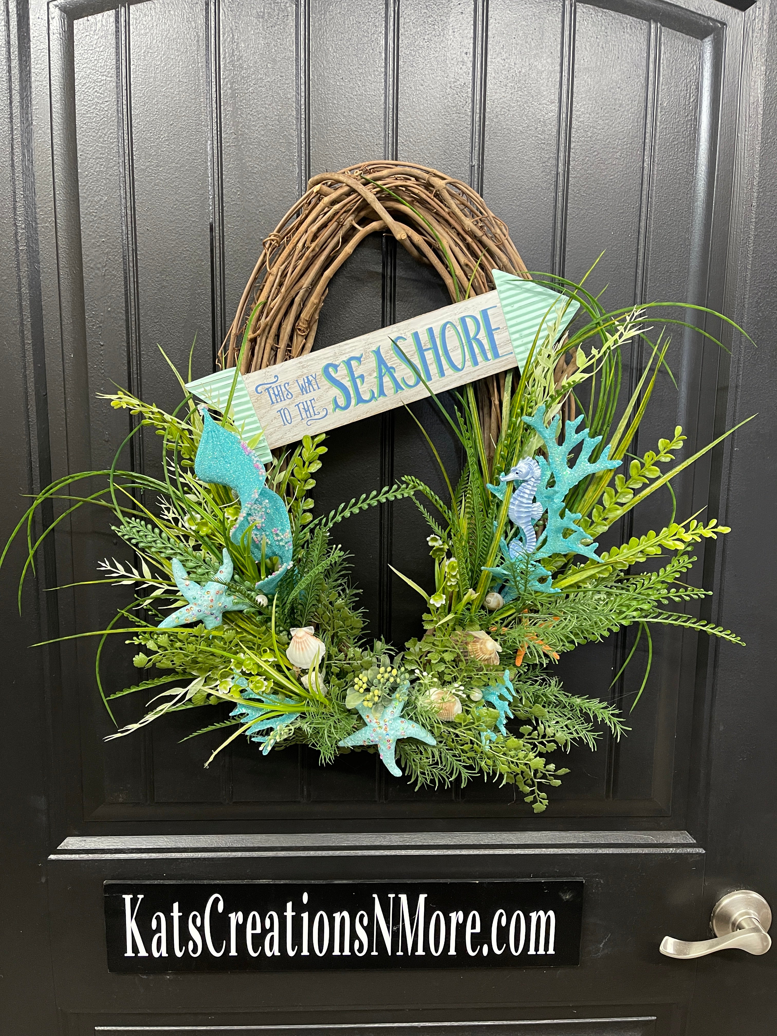 Coastal Grapevine Wreath, Beach Cottage Front Door Decor, This Way to the Seashore, KatsCreationsNMore