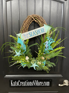 Coastal Grapevine Wreath, Beach Cottage Front Door Decor, This Way to the Seashore, KatsCreationsNMore