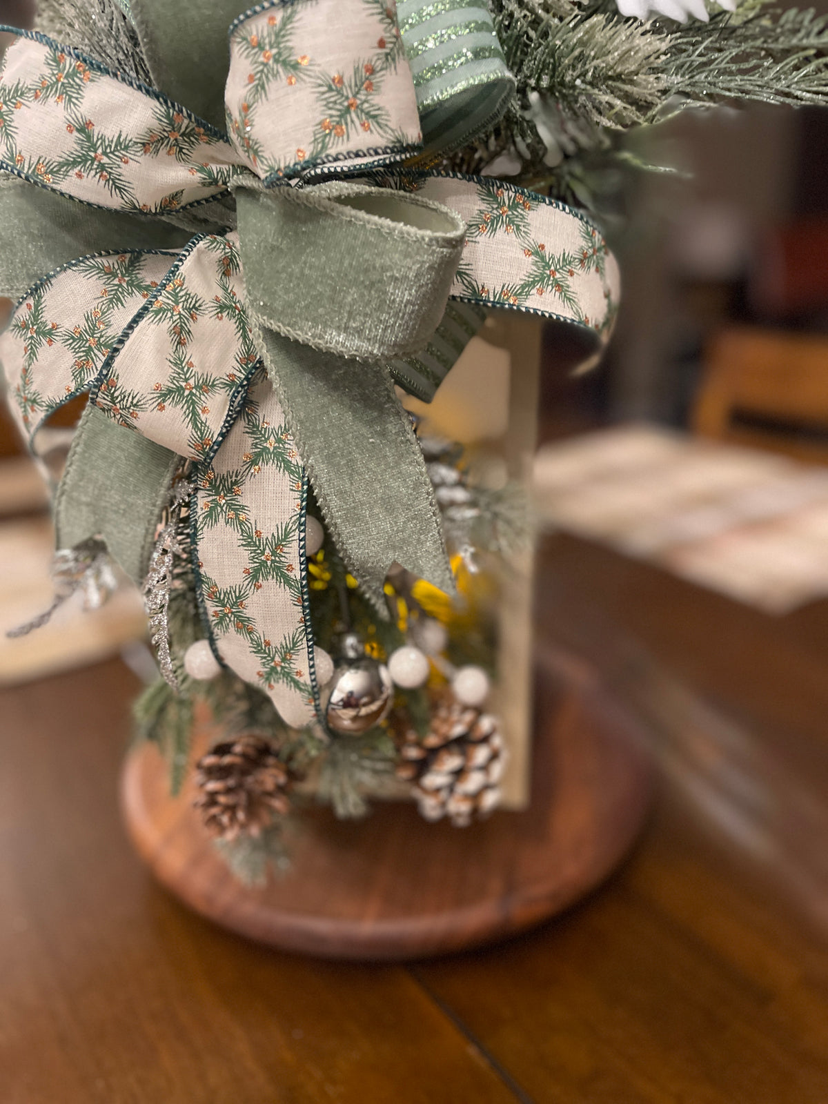 Winter Lantern Swag with Sage Bow & Frosted Greenery