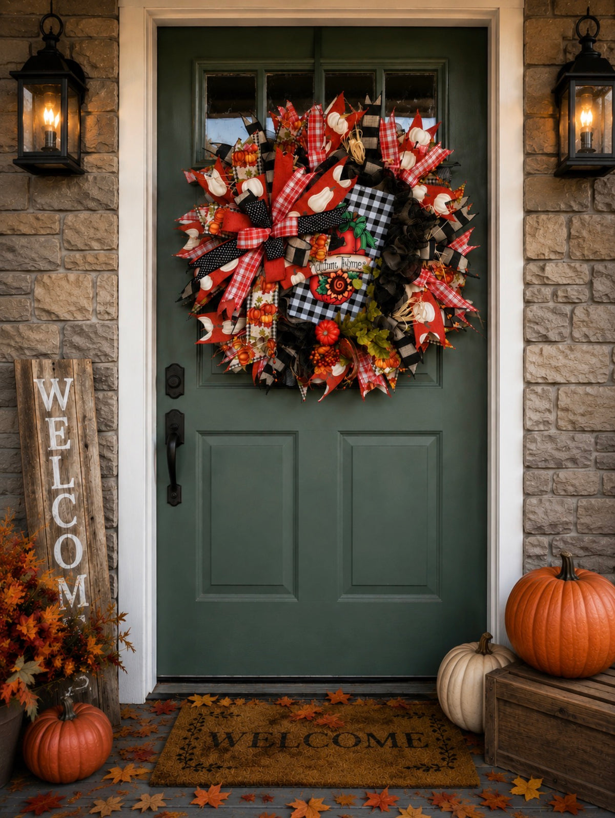 Fall Pumpkin Wreath, Autumn Thyme Crow Front Door Decor
