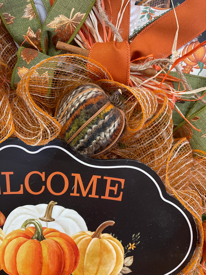 Welcome to Our Home Fall Pumpkin Wreath – Handmade Autumn Front Door Décor with Pumpkins, Cinnamon Sticks, Raffia & Rustic Ribbons, KatsCreationsNMore