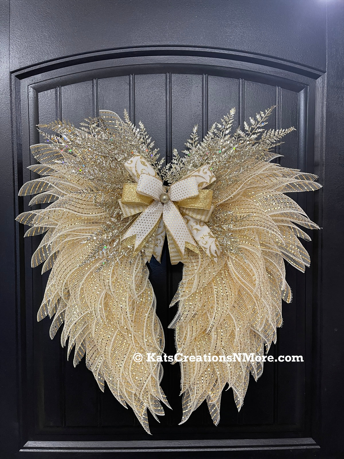 Gold and Cream Angel Wings Wreath, Christmas Holiday Angel Floral Wreath, KatsCreationsNMore