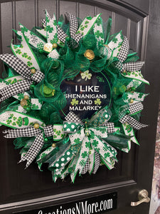 I Like Shenanigans and Malarkey St Patrick’s Wreath, Luck of the Irish Front Door Decor, KatsCreationsNMore