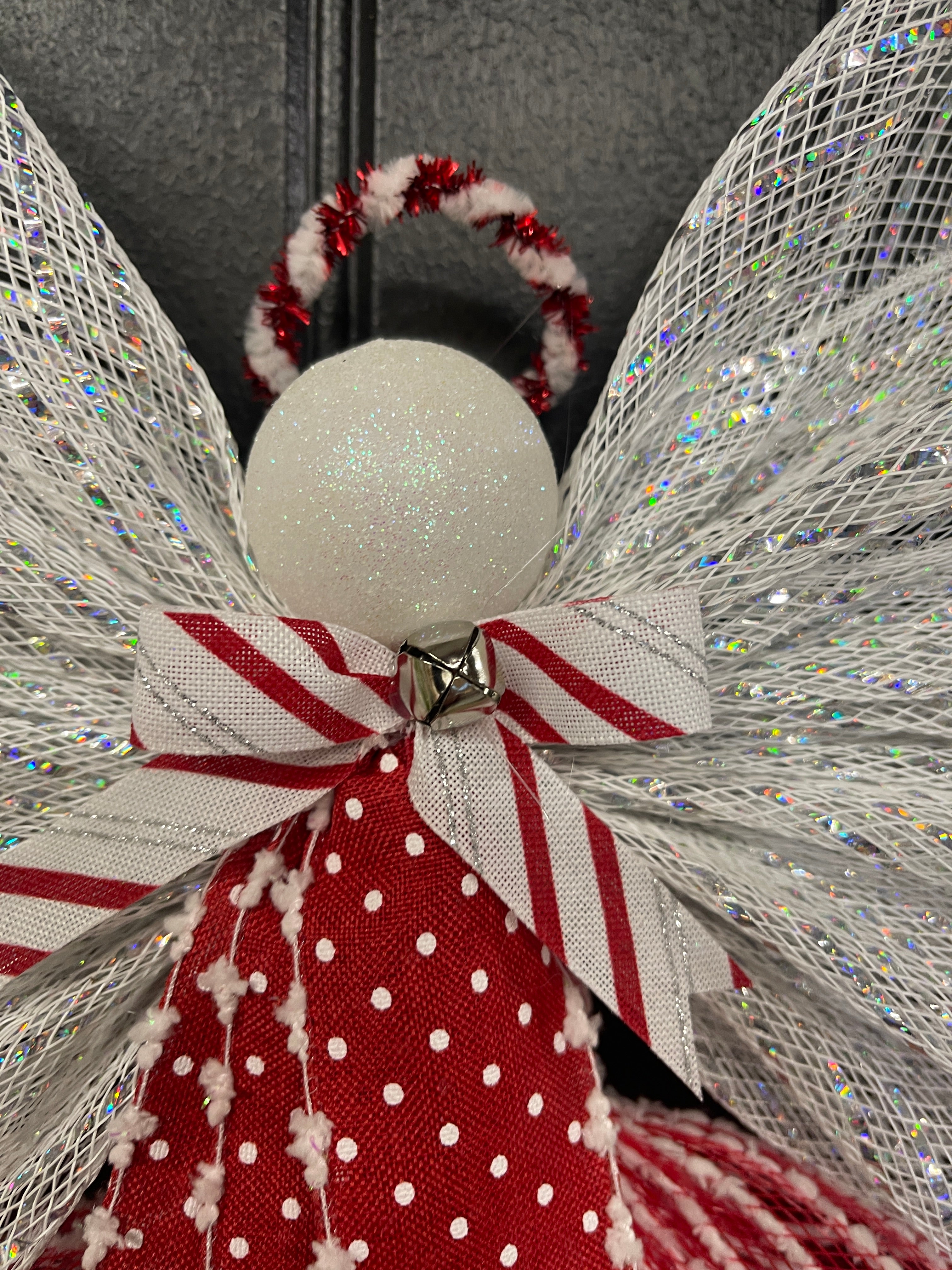 Peppermint Christmas Angel Tree Topper, Holiday Guardian Angel Wreath, Graveside Memorial, KatsCreationsNMore