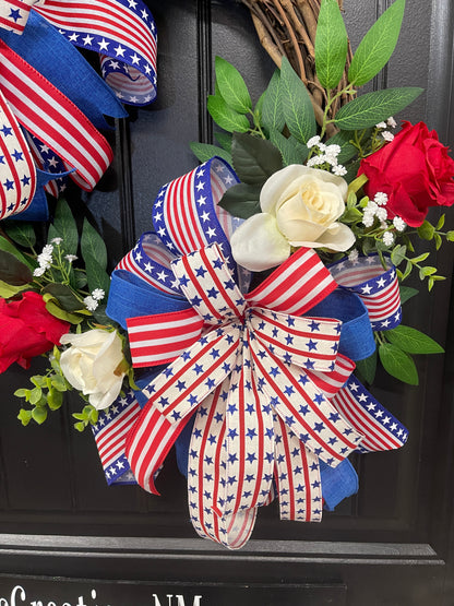 Patriotic Floral Rose Grapevine Double Bow Wreath, 4th of July Front Door Decoration, KatsCreationsNMore