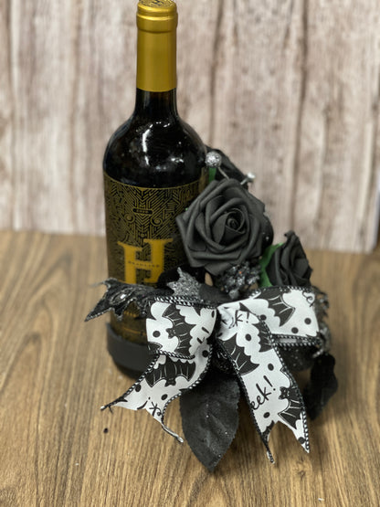 Halloween Floral Bottle Bouquet, Spooky Black Rose Centerpiece, Spider Candle Holder Arrangement, KatsCreationsNMore