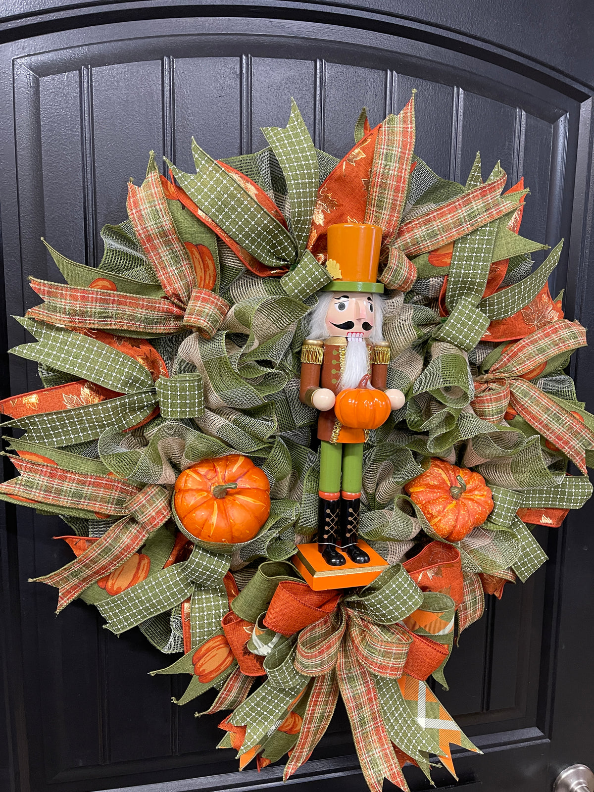 Pumpkin Nutcracker Fall Wreath – Rustic Autumn Front Door Wreath with Pumpkins and Plaid Ribbon
