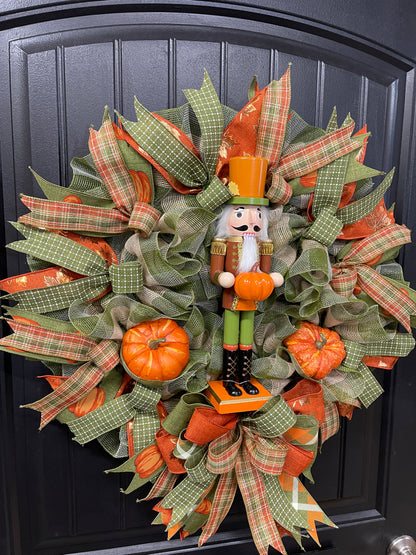 Pumpkin Nutcracker Fall Wreath – Rustic Autumn Front Door Wreath with Pumpkins and Plaid Ribbon