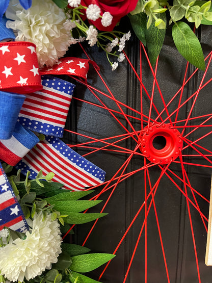 Patriotic Bike Wheel Wreath, Americana Front Door Decor, United States 1776 Wreath, Rustic Farmhouse Patriotic Decor, Memorial Day July 4th Wreath