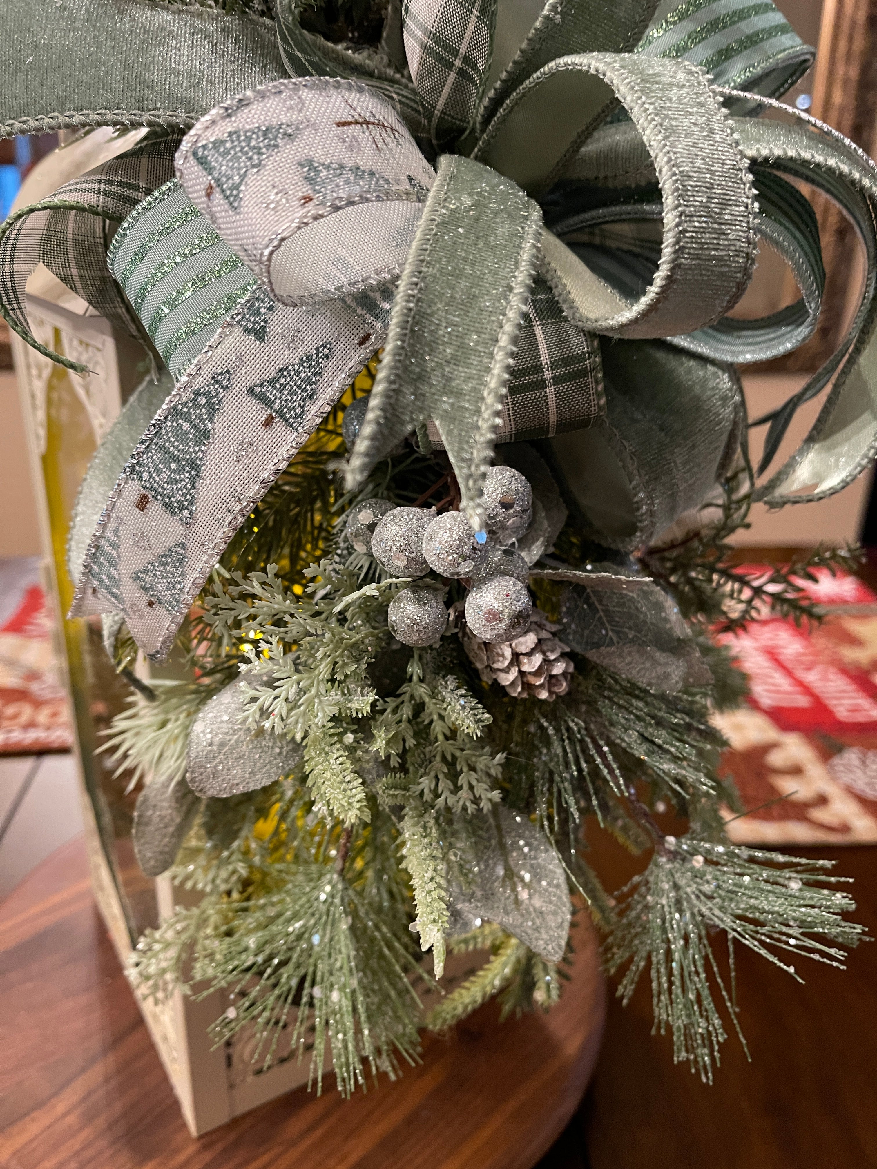 Winter Frost Lantern Centerpiece | Frosted Greenery & Sage Bow Christmas Table Decor | Rustic Farmhouse Holiday Arrangement | KatsCreationsNMore