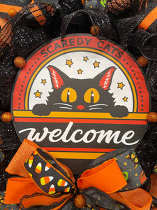 Scaredy Cats Halloween Welcome Wreath – Black Cat, Candy Corn, Jack-o’-Lanterns – Front Door Halloween Decor, KatsCreationsNMore