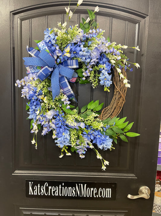 Spring Blue Hyacinth and Wisteria Grapevine Wreath, Mothers Day, Gift for Her, KatsCreationsNMore