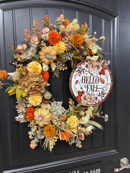 Fall Pumpkin & Floral Grapevine Wreath – Warm Autumn Harvest Door Decor, KatsCreationsNMore