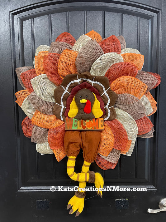Storm Door Turkey Wreath – Flat Mesh Fall Door Decor with Welcome Sign – Thanksgiving Front Door Decoration by KatsCreationsNMore
