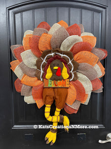 Storm Door Turkey Wreath – Flat Mesh Fall Door Decor with Welcome Sign – Thanksgiving Front Door Decoration by KatsCreationsNMore