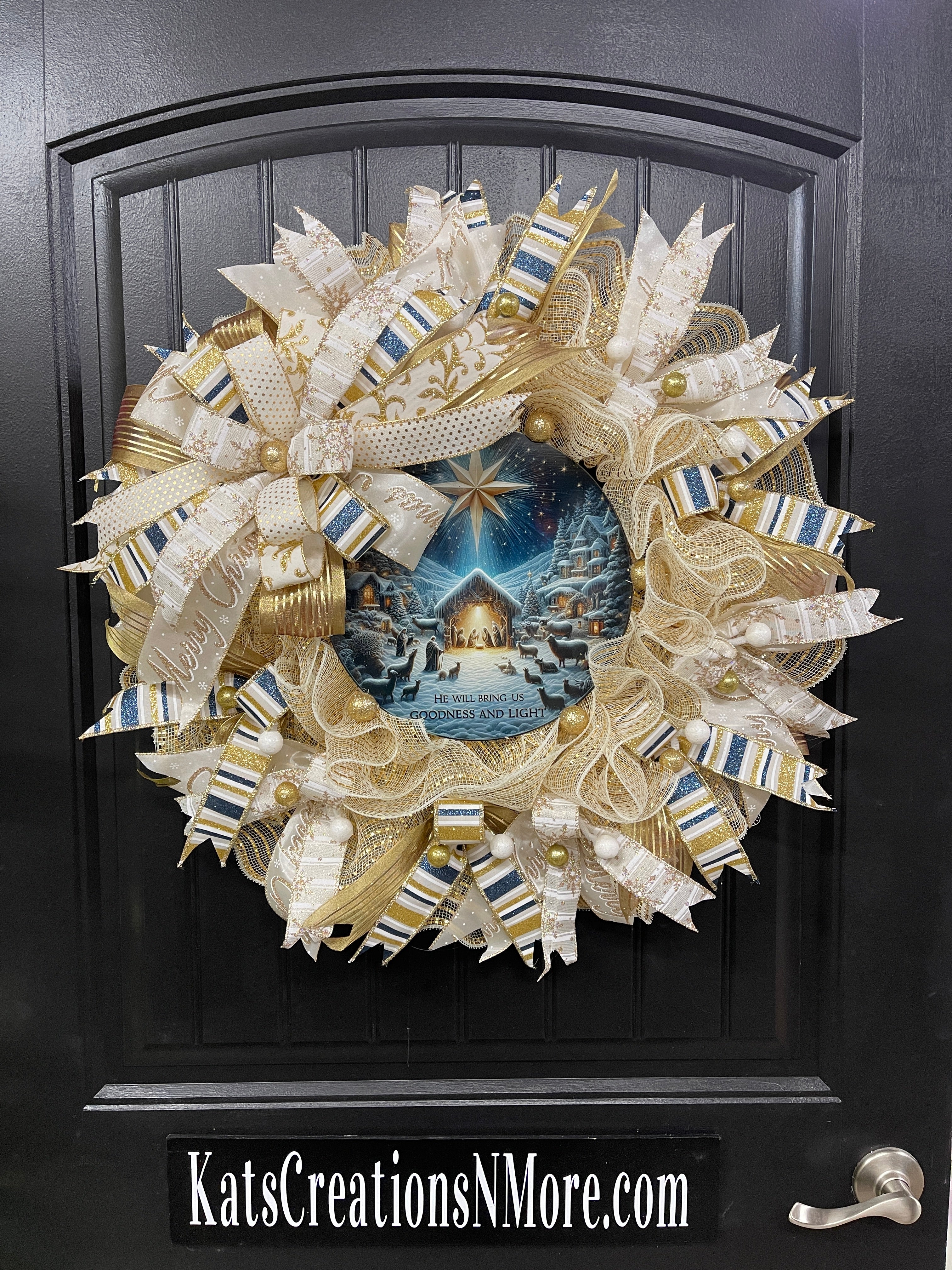 Goodness and Light Nativity Christmas Wreath | Elegant Gold & Cream Mesh Holiday Door Decor | Luke 2:14 Nativity Scene Wreath, KatsCreationsNMore
