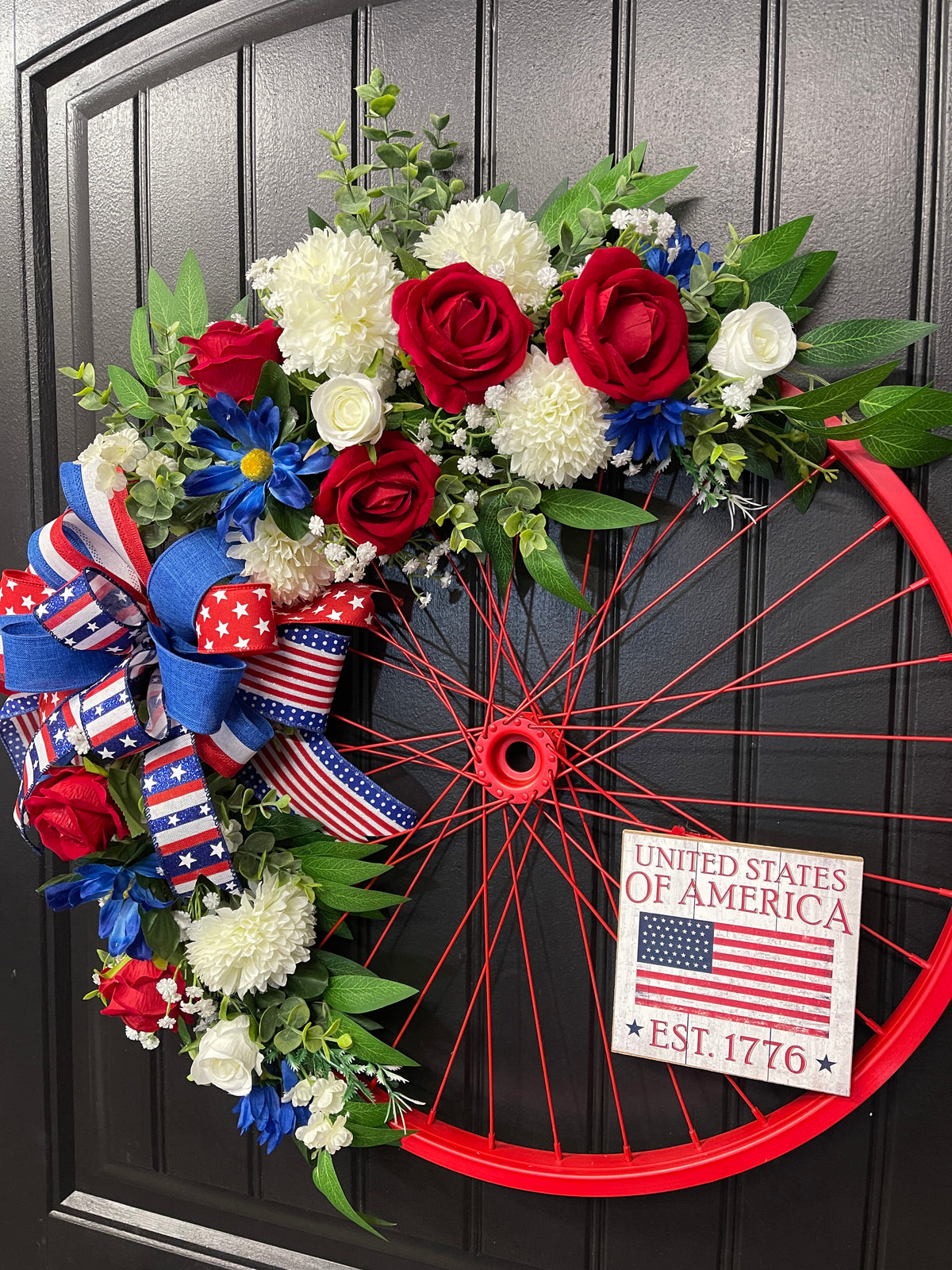 Patriotic Bike Wheel Wreath, Americana Front Door Decor, United States 1776 Wreath, Rustic Farmhouse Patriotic Decor, Memorial Day July 4th Wreath
