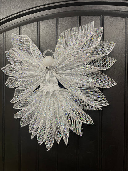 White Iridescent Christmas Angel Tree Topper, Holiday Guardian Angel Wall Decor, Graveside Memorial, KatsCreationsNMore