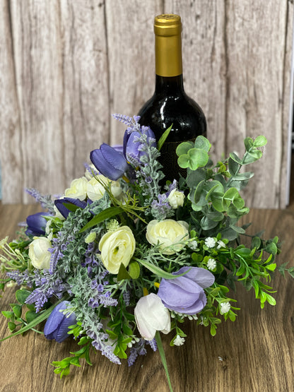 Spring Purple Tulips and Cream Ranunculus Bottle Bouquet, Floral Bridal or Baby Shower Centerpieces, Candle Holders, KatsCreationsNMore