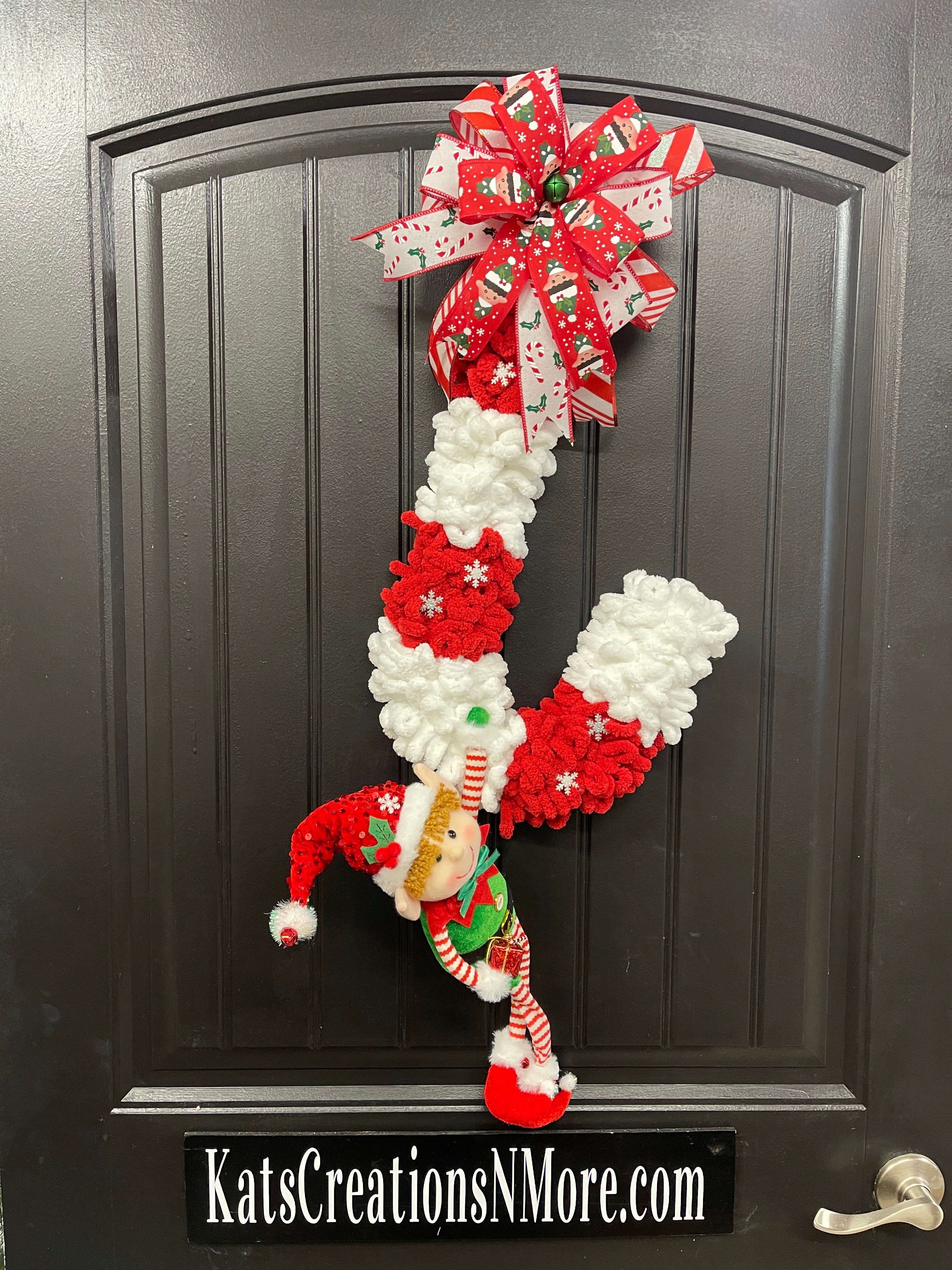 Candy Cane Christmas Elf Wreath, Holiday Yarn Front Door Decor, KatsCreationsNMore