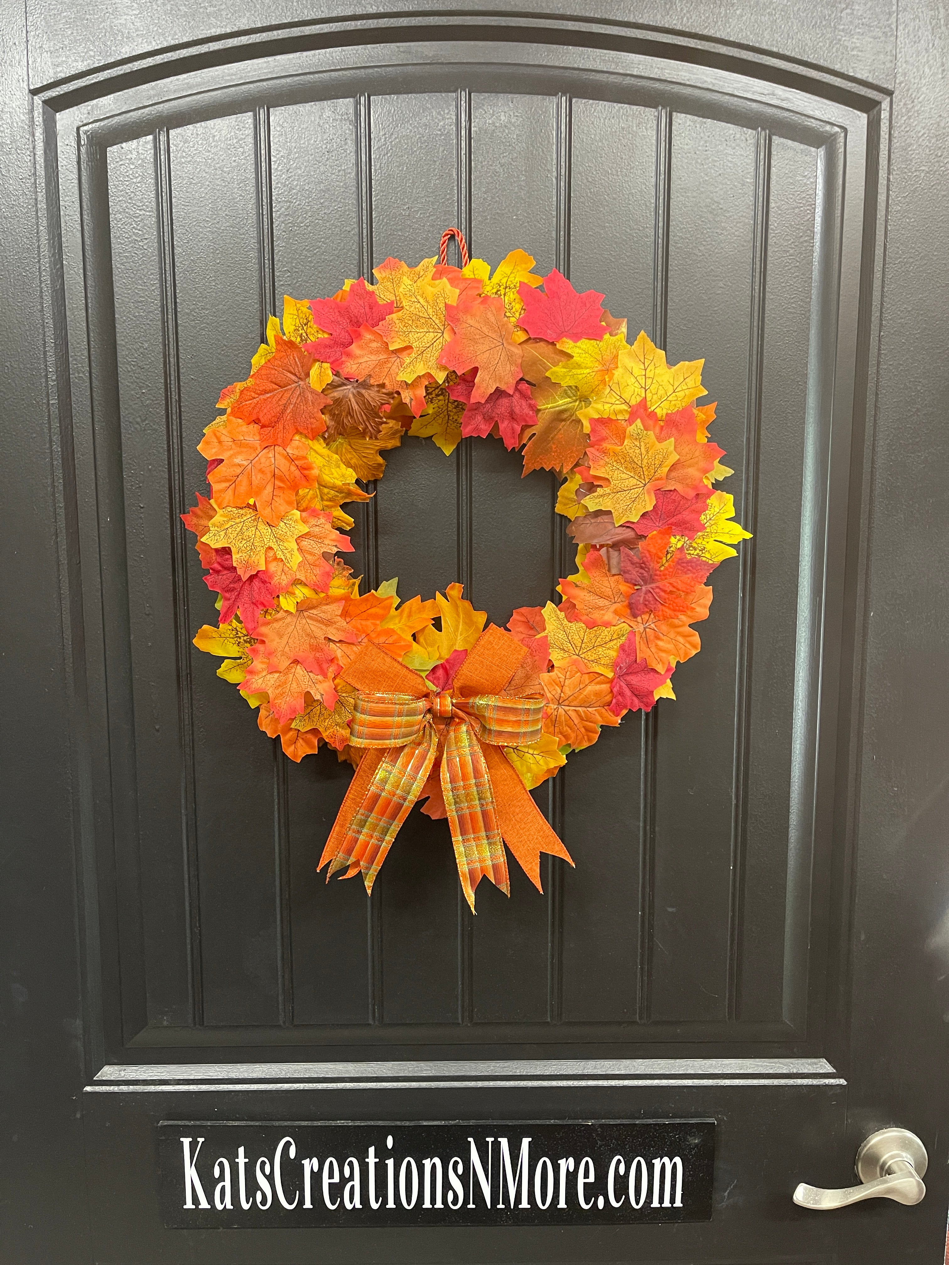 Handmade Fall Wreath – Maple Leaves & Plaid Ribbon – Front Door Ready - Storm Door Friendly - KatsCreationsNMore