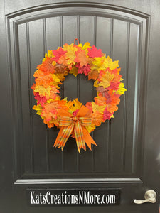 Handmade Fall Wreath – Maple Leaves & Plaid Ribbon – Front Door Ready - Storm Door Friendly - KatsCreationsNMore