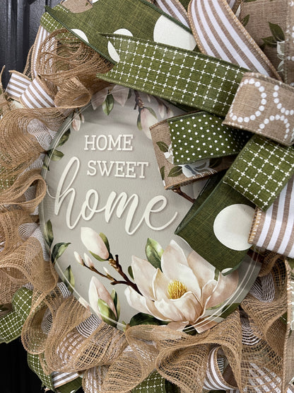 Magnolia Home Sweet Home Everyday Wreath, Southern Charm Front Door Decor, KatsCreationsNMore