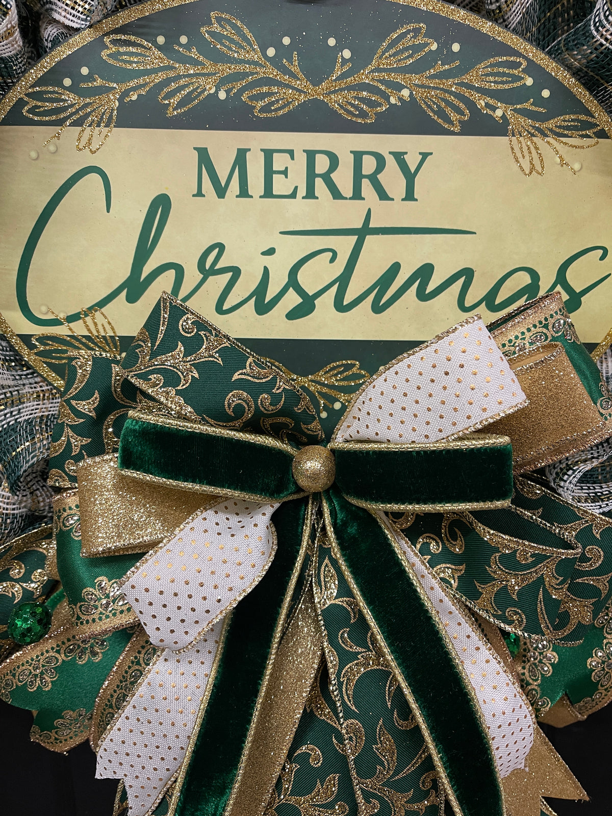 Elegant Victorian Green & Gold Merry Christmas Wreath | Handmade Holiday Door Decor | Velvet Ribbon Christmas Wreath | KatsCreationsNMore