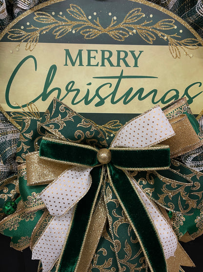 Elegant Victorian Green & Gold Merry Christmas Wreath | Handmade Holiday Door Decor | Velvet Ribbon Christmas Wreath | KatsCreationsNMore