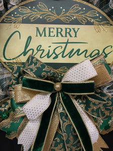 Elegant Green & Gold Merry Christmas Wreath | Handmade Holiday Door Décor | Velvet Ribbon Christmas Wreat