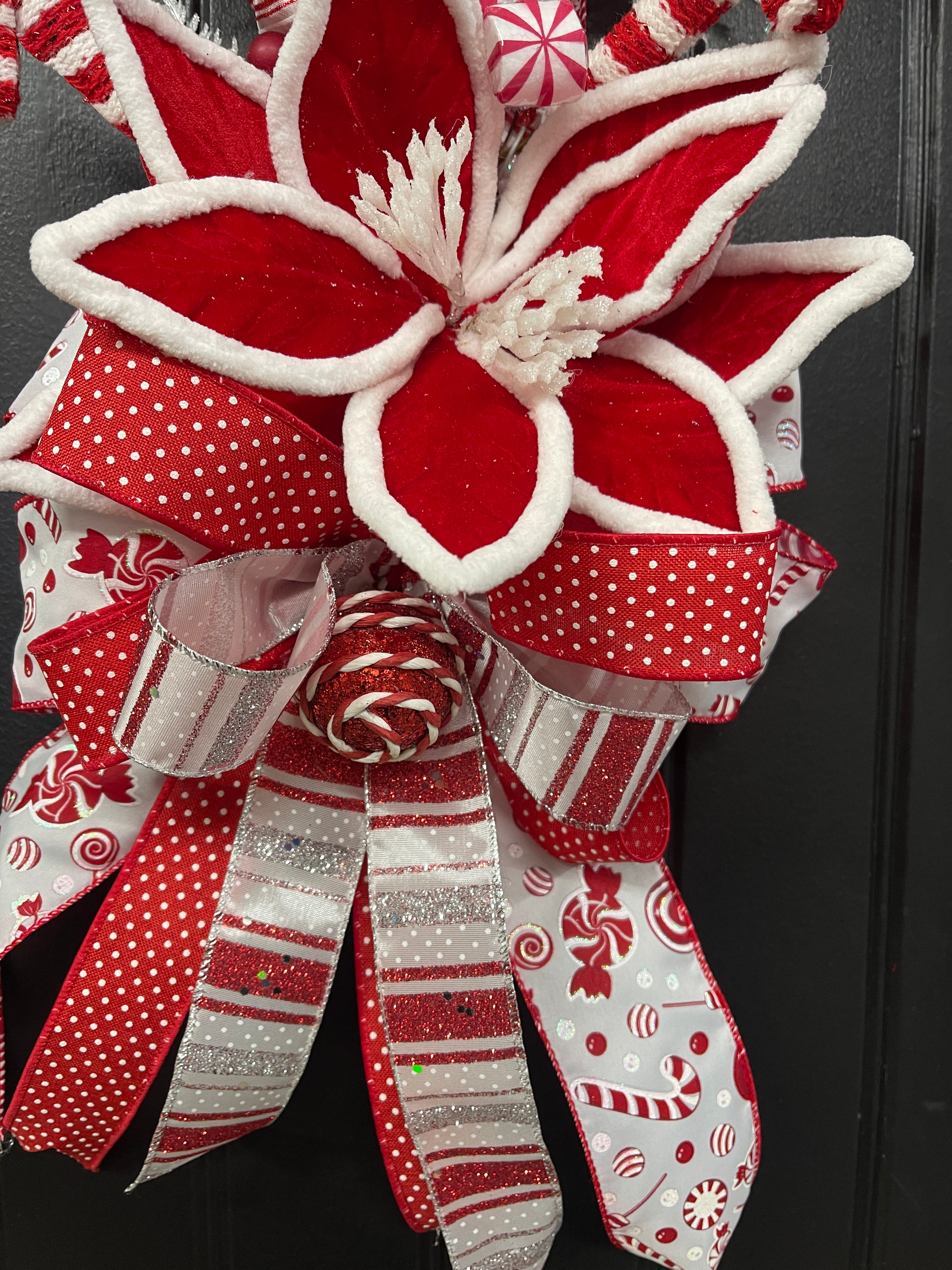 Double Sided Candy Cane Poinsettia Door Ribbon Swag, Holiday Storm Door Decor, KatsCreationsNMore