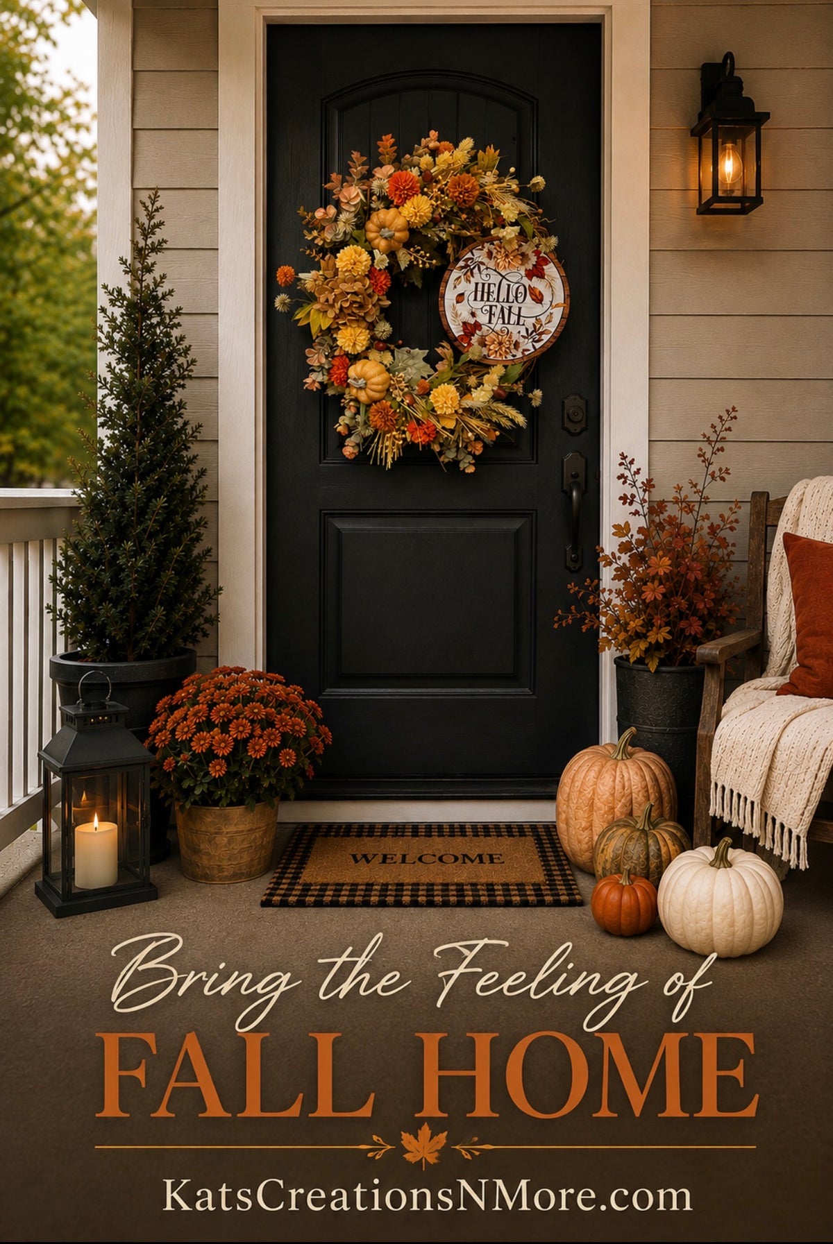 Fall Pumpkin & Floral Grapevine Wreath – Warm Autumn Harvest Door Decor, KatsCreationsNMore