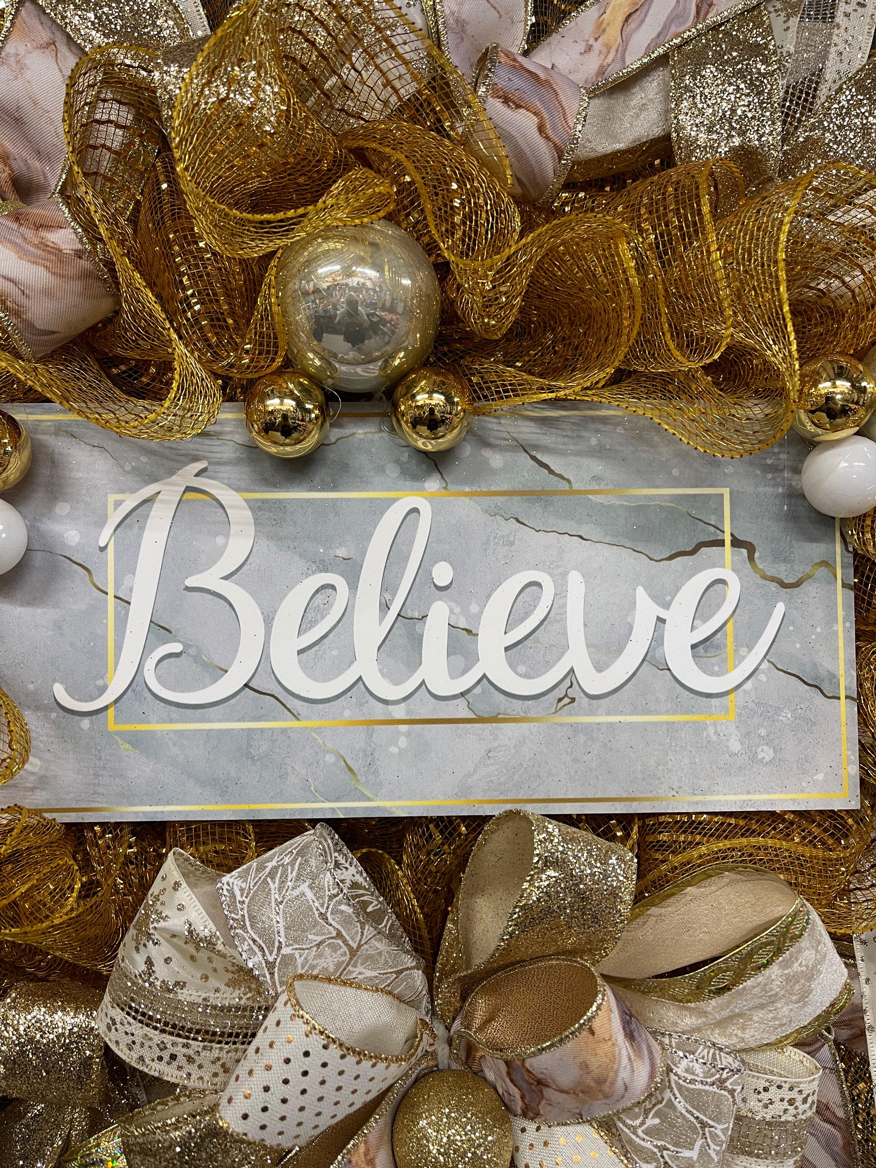 Gold Marble Believe Christmas Wreath, Metallic Holiday Front Door Decor, KatsCreationsNMore