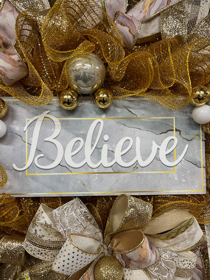 Gold Marble Believe Christmas Wreath, Metallic Holiday Front Door Decor, KatsCreationsNMore